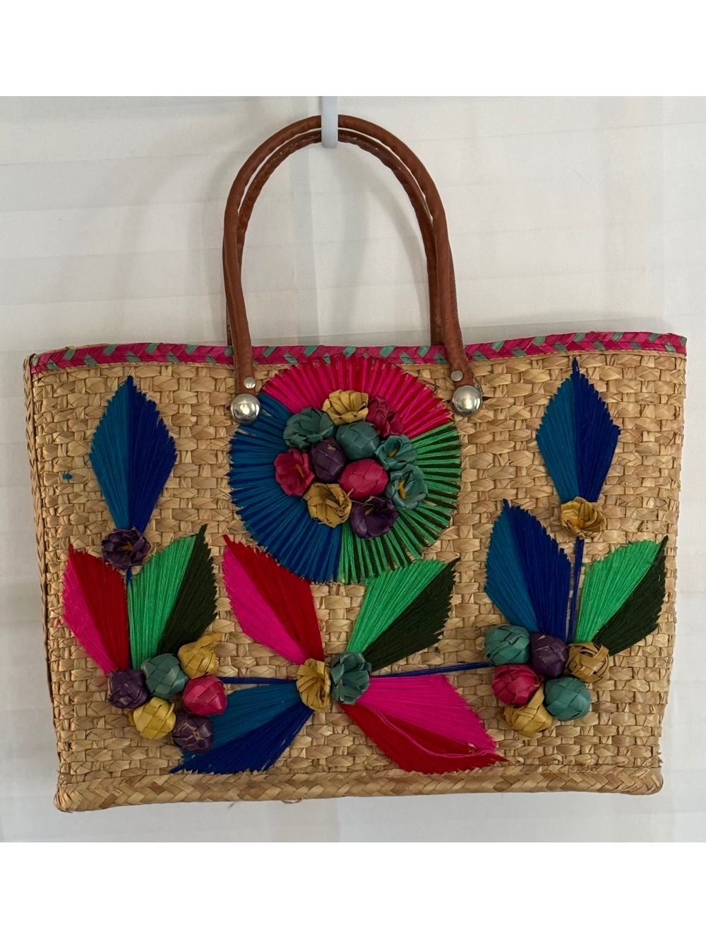 Vintage Straw Raffia Tote Bag 3D Floral Leather Handles Boho Tropical Purse